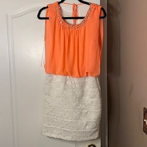 coral and white formal dress